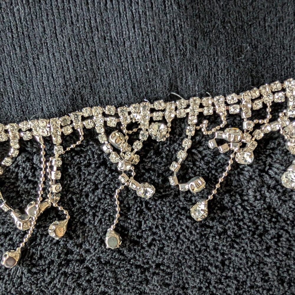 NWT Rhinestone Fringe Cropped Black Sweater Night Out Baddie Going Out Top M image 8